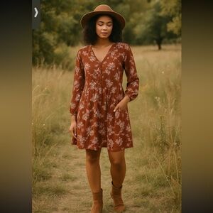 Garnet Hill Red Floral Dropwaist Dress Sz 10 NEW Pockets Boho Prarie Chic Indie